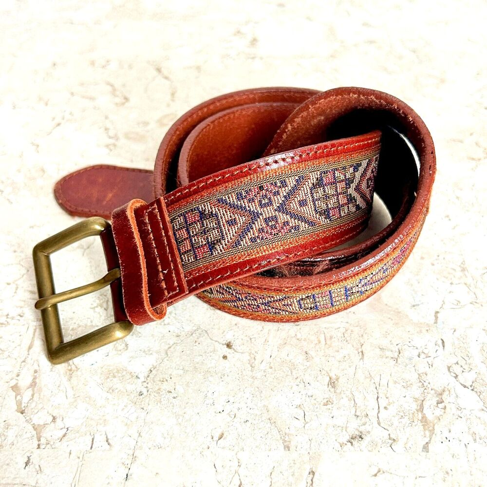 Aztec Indian Tapestry Brown Leather Belt Geometric Brass Buckle